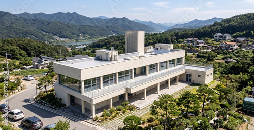 3d architectural rendering of a modern educational facility in the park