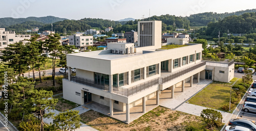 3d architectural rendering of a modern educational facility in the park
