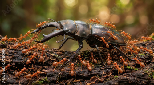 Ants carrying large beetle
