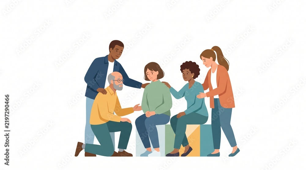 Fototapeta premium Diverse group of people comforting and supporting a distressed woman, representing community care, emotional support, empathy, mental health, compassion, friendship, and social connection.