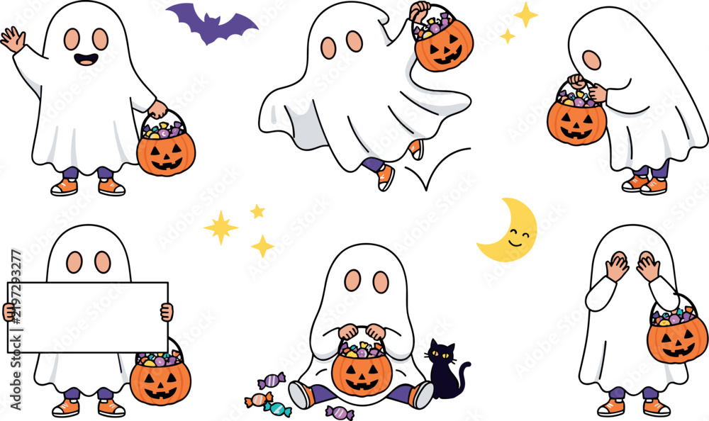 Fototapeta premium Cute ghost costume kid character set with pumpkin candy bucket, bat, black cat, blank sign and trick or treat vector illustration