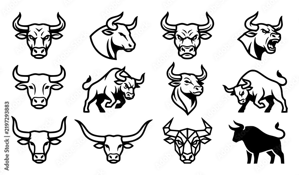Obraz premium Bull Head Mascot Outline Icon Set Powerful Vector Collection