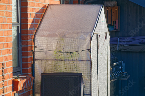 Small outdoor greenhouse with mesh cover near brick wall in backyard
