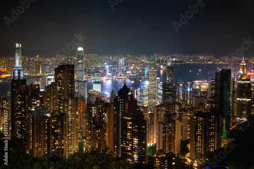 Hong Kong city view at night, skyscrapers and modern architecture