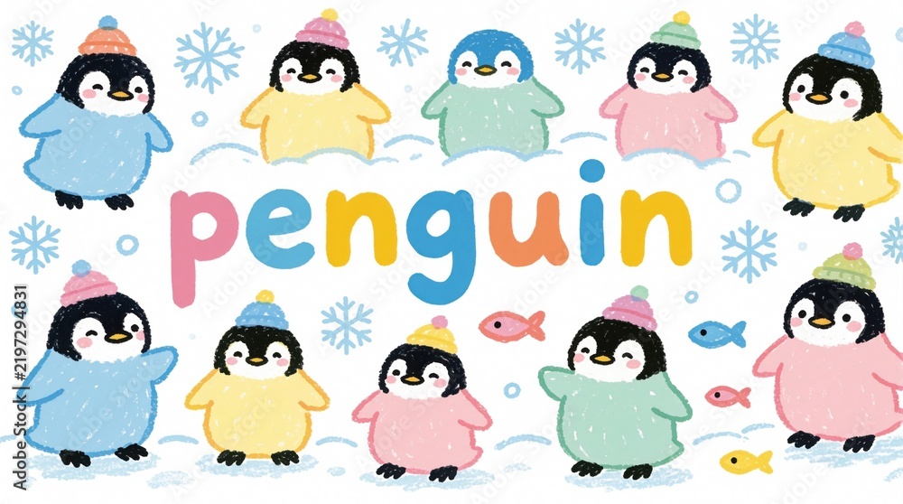 Obraz premium Cute penguin cartoon characters wear colorful winter clothes in snowy arctic landscape. Adorable baby birds stand near text penguin with snowflakes, small fish. Playful crayon drawing illustration