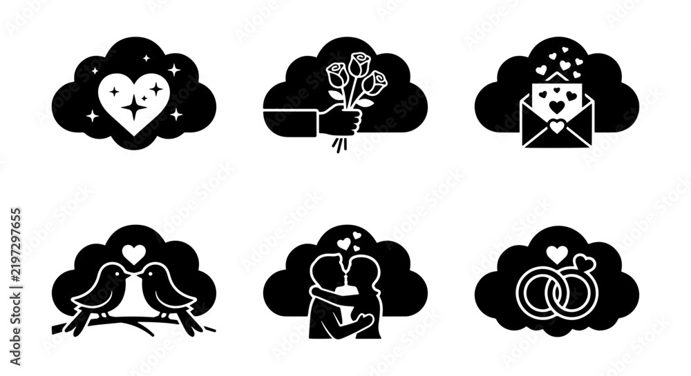 Obraz premium Valentine's Day Cloud Icons: Love, Romance, Birds, Rings, Gifts, Hearts, Vector Set