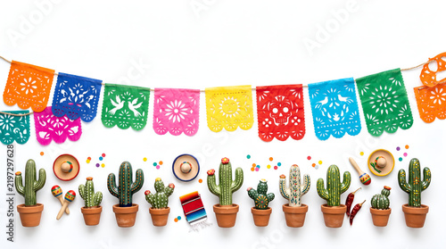 Mexican Fiesta Border with Cacti Papel Picado and Maracas