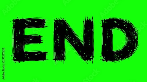 hand drawn black fill end text animation featuring a stop motion look, jitter effect, and rough edges on a green screen chroma key background