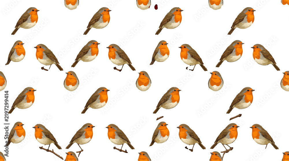 Fototapeta premium Seamless Pattern of Small Garden Birds with Orange Breasts on White Background Vector Illustration