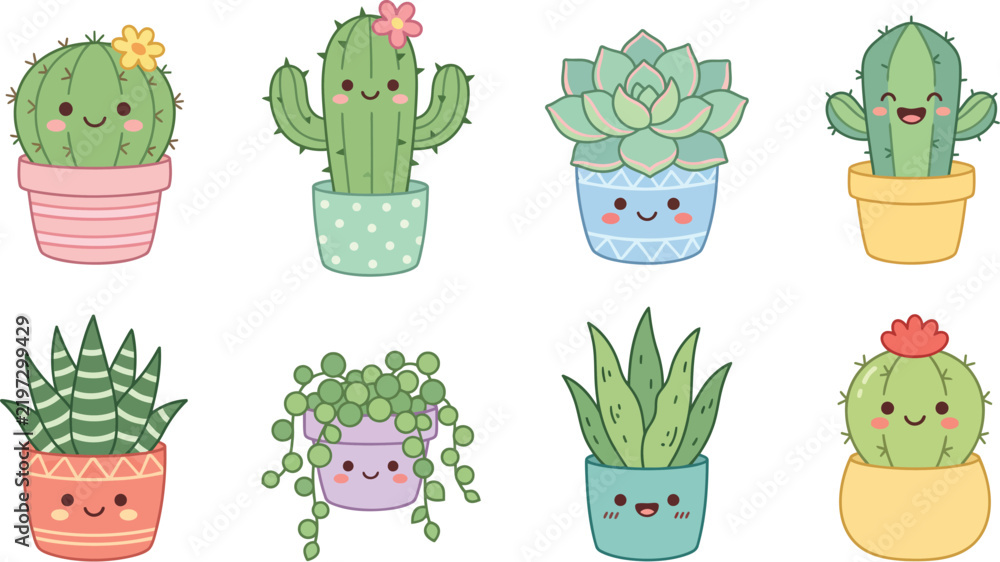 Fototapeta premium Kawaii cactus and succulent plants in cute pots vector set