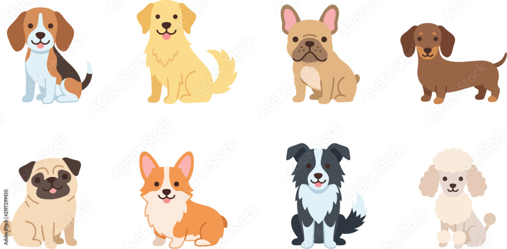 Obraz premium Cute purebred dog breeds character set vector illustration
