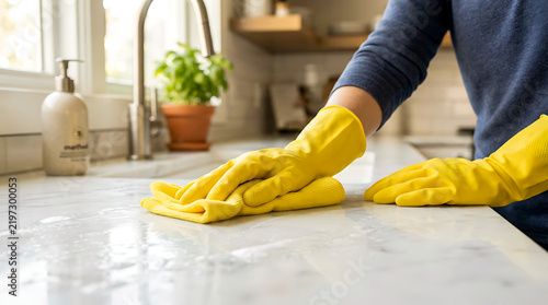 Person wearing yellow rubber gloves cleaning a kitchen countertop with a cloth