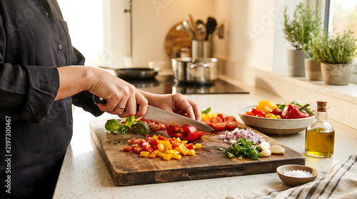 Person cutting fresh colorful vegetables on a wooden cutting board in a bright home kitchen