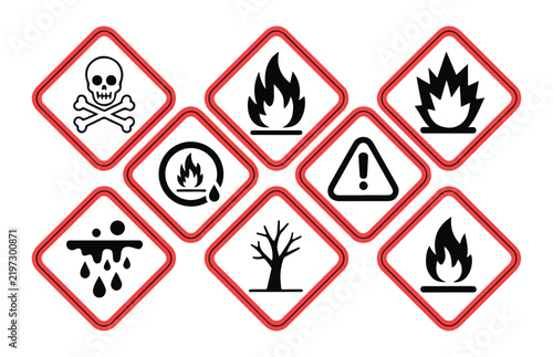 Hazard warning diamond signs set with black danger symbols on red borders for industrial safety use.