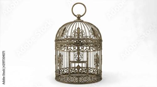 Vintage metal bird cage with intricate filigree details isolated on a clean white background