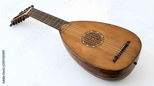Traditional Wooden Oud Musical Instrument with Intricate Carvings Isolated on White Background