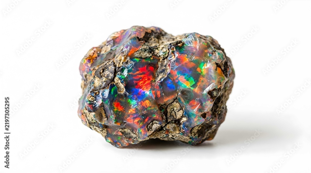 Obraz premium Natural Raw Opal Gemstone with Vibrant Multicolored Iridescence and Spectral Play of Color on White Background