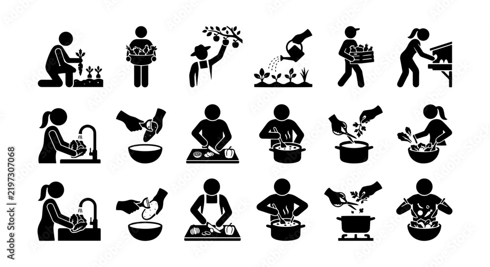 Fototapeta premium Agriculture and Food Preparation Icons: Farming, Harvesting, Cooking, and Serving Vector Set
