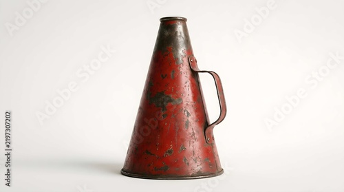 A weathered vintage red megaphone stands against a plain white background, evoking nostalgia for old-school communication methods
