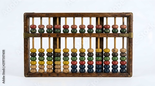 Vintage wooden abacus with colorful beads isolated on a white background for educational math and arithmetic concept