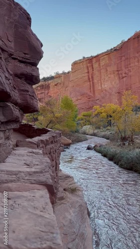 Vertical View Hiking Trail Along River In Capitol Reef National Park In Utah