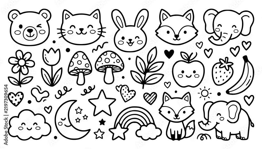Fototapeta premium Cute Animals, Fruits, and Nature Hand Drawn Line Art Doodle Set