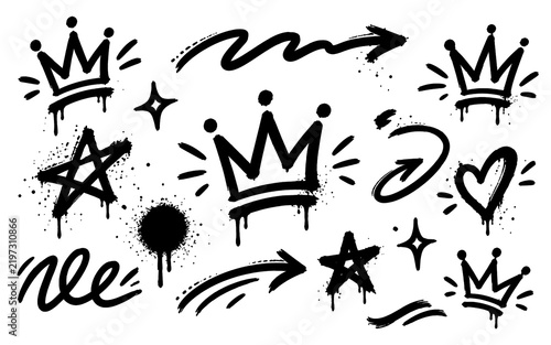 Photography Hand drawn graffiti spray paint icons set featuring royal crowns, hearts, and ar