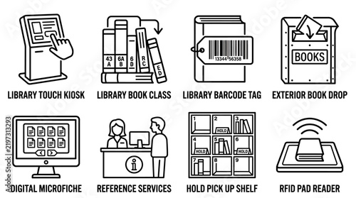 Library technology and self-service station outline icons with technology microfiche reference services education learning information management automation academic facility computer