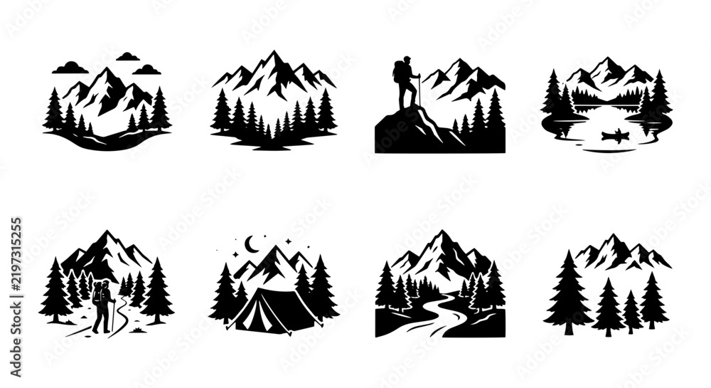 Fototapeta premium Mountain Adventure Icons, Nature Camping Graphics, Outdoor Hiking Vector Set, Wilderness Exploration Elements