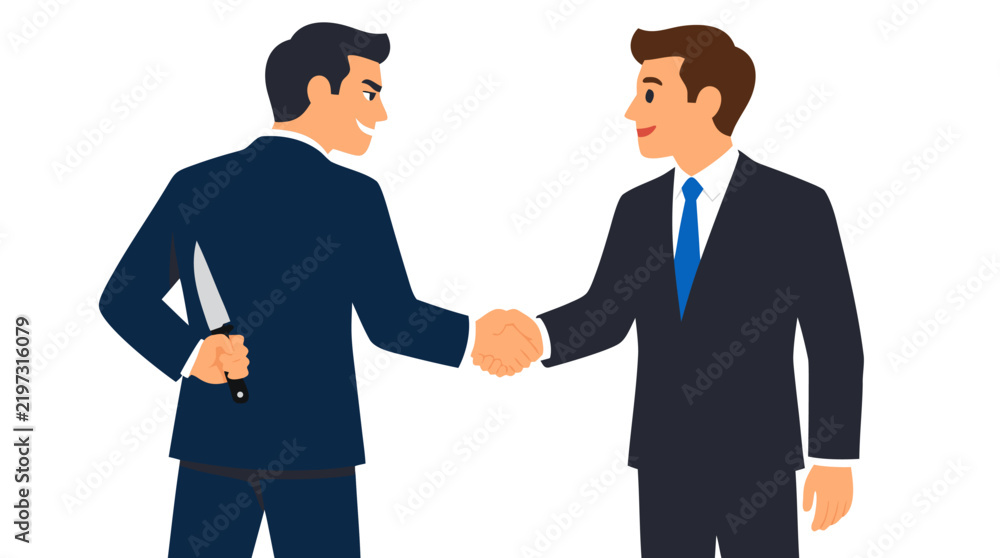 Fototapeta premium Business betrayal concept: two men in suits shaking hands while one secretly hides a sharp knife behind his back, backstabbing deception metaphor, bold flat vector illustration design