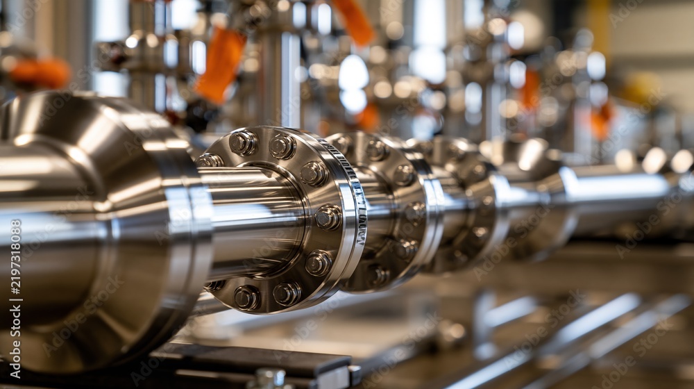 Fototapeta premium Close-up of industrial stainless steel piping system with flanges and valves in a manufacturing facility