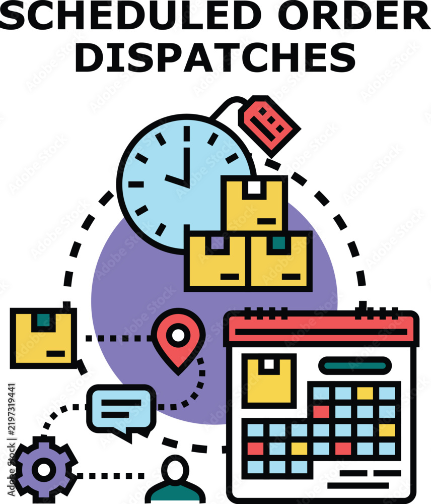 Obraz premium Order dispatches system managing packages delivery, tracking shipments, and scheduling logistics process with calendar, clock, and location indicators