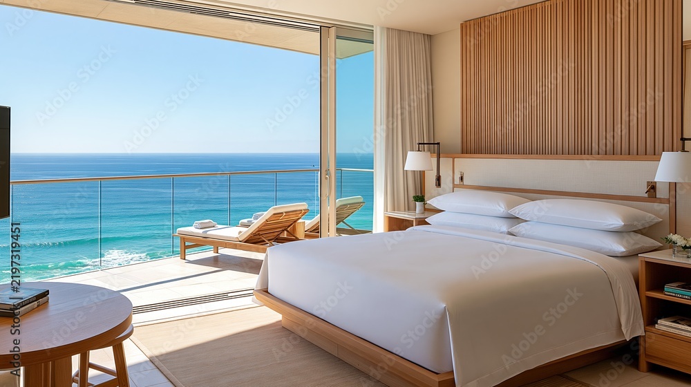 Obraz premium Luxurious Oceanfront Hotel Suite with Balcony, King Bed, and Stunning Sea Views