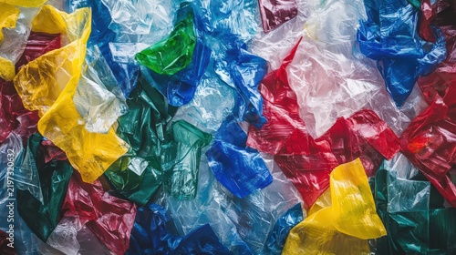 Crumbled Plastic Waste Pile: Colorful Mixed Plastic Debris Showing Recycling Challenges and Environmental Pollution Concerns.