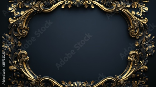 Ornate Gold and Dark Blue Baroque Picture Frame, Detailed Carved Floral Decorative Border, Elegant Royal Antique Backdrop.