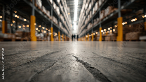 Low angle view of concrete floor in a modern fulfillment warehouse aisle with tall storage shelves and blurred bokeh lights.