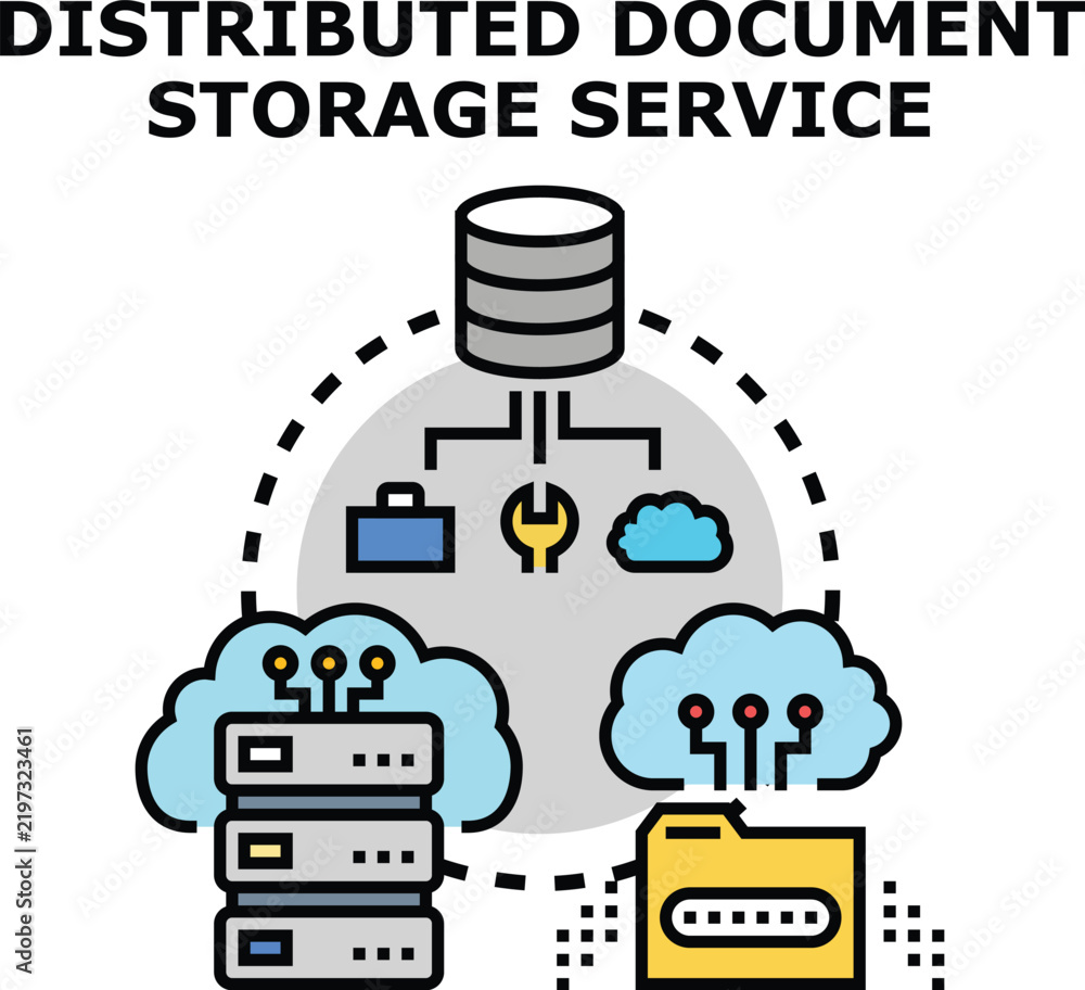 Fototapeta premium Distributed document storage service concept illustrating data administration across networked servers and secure cloud infrastructure for business information management and digital archives