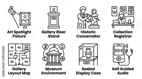 Professional museum management and art exhibition installation equipment icons with exhibition installation management conservation registrar environment lighting historic preservation