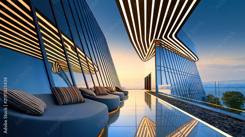 Obraz premium Modern Luxury Rooftop Terrace with Sleek Lounge Seating and Futuristic Architecture at Sunset