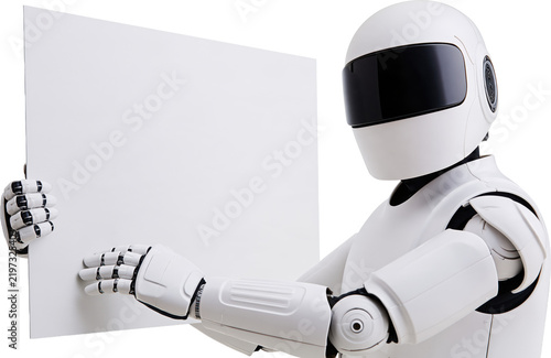 Humanoid robot displaying blank board