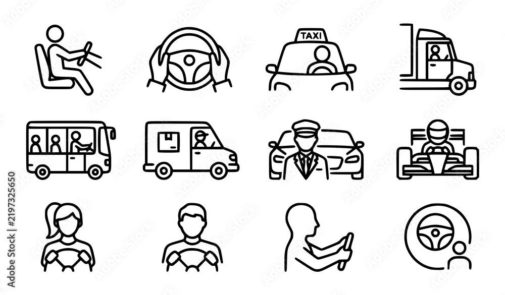 Obraz premium Set of black and white linear icons representing various types of drivers and transportation vehicle operators