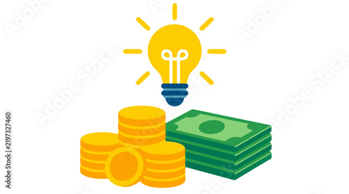 Glowing lightbulb hovering above a stack of golden coins and green banknotes, representing financial ideas, investment concepts, and money-making innovation in bold flat vector illustration style
