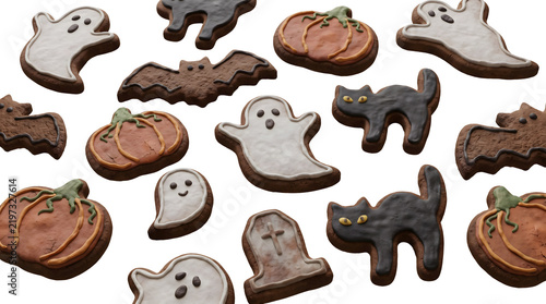 Assortment of Halloween-themed sugar cookies decorated as ghosts, pumpkins, bats, black cats, and tombstones on a white background.