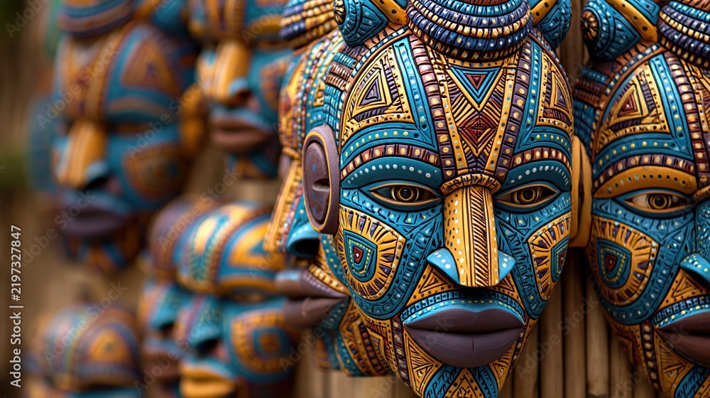 Fototapeta premium Vibrant Handcrafted Tribal Masks Displayed in a Row, Showcasing Intricate Patterns and Cultural Artistry