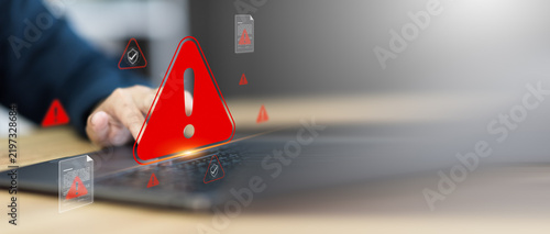 Flashing security warning alert reveals critical system vulnerability detecting malicious virus infiltration prompting instant data protection against dangerous fraud threat.