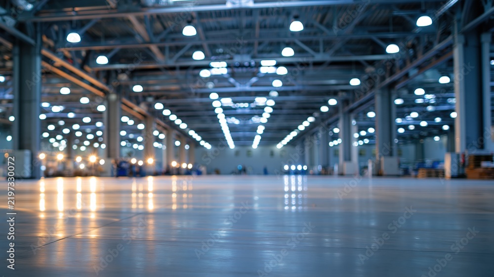 Obraz premium Spacious, brightly lit industrial warehouse interior with polished concrete floor and overhead lighting