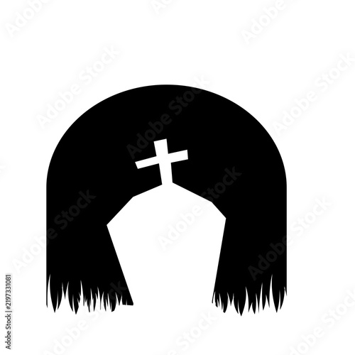 Minimalist black silhouette of a woman with long hair styled into a cross shape