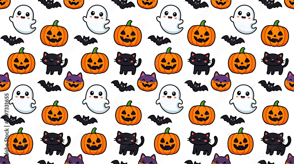 Fototapeta premium Cute Halloween seamless pattern with pumpkins, ghosts, cats, and bats