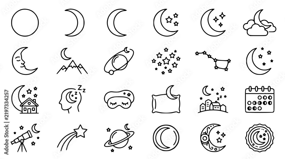 Obraz premium Celestial Moon and Night Sleep Icon Set with Crescent Phases, Stars, Telescope, Mountains, Pillow, and Planet Outline Symbols for Horoscope Apps and Graphic Designs