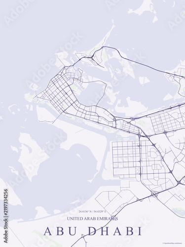 Minimalist light purple and violet street map poster of Abu Dhabi, United Arab Emirates, featuring the island city grid, Corniche, Al Reem Island, Yas Island, and Persian Gulf coastlines.